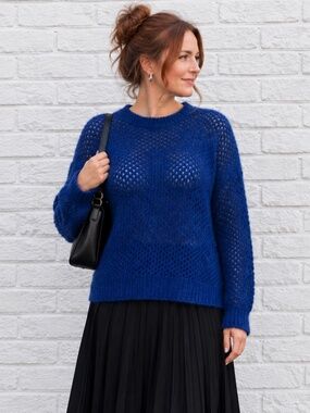Royal Blue Fuzzy Open Knit Sweater Side Slits Size M